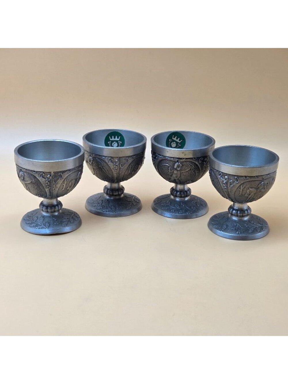Grenningloh German Pewter Hunting Goblets Set of 4 Hunter Scenes Zinn